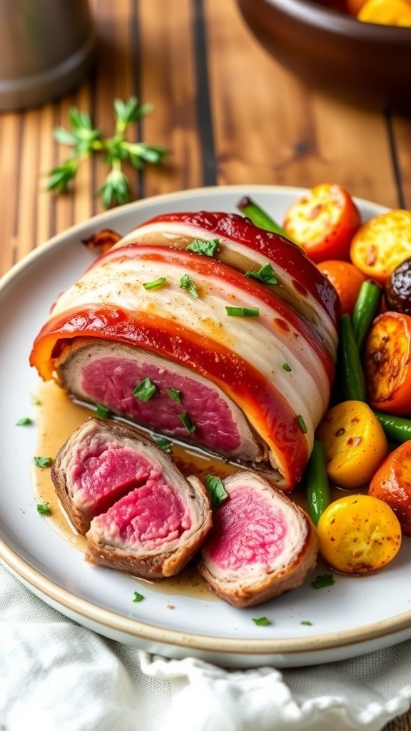 Air fryer bacon-wrapped filet mignon on a plate, garnished with herbs and served with roasted vegetables.
